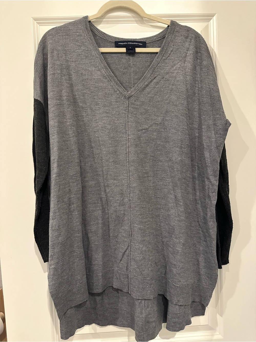 French Connection Gray V-Neck Sweater with Black Sleeves